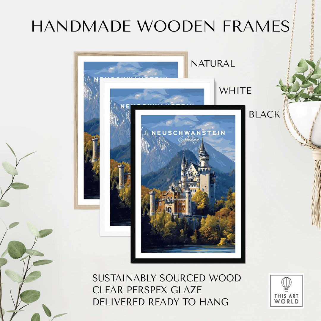 Neuschwanstein Castle Print | German Home Decor Poster displayed in handmade wooden frames in natural, white, and black.