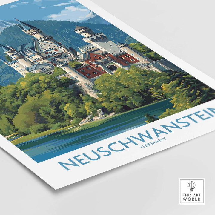 Neuschwanstein Germany Art Print featuring the iconic castle surrounded by lush greenery and mountains.