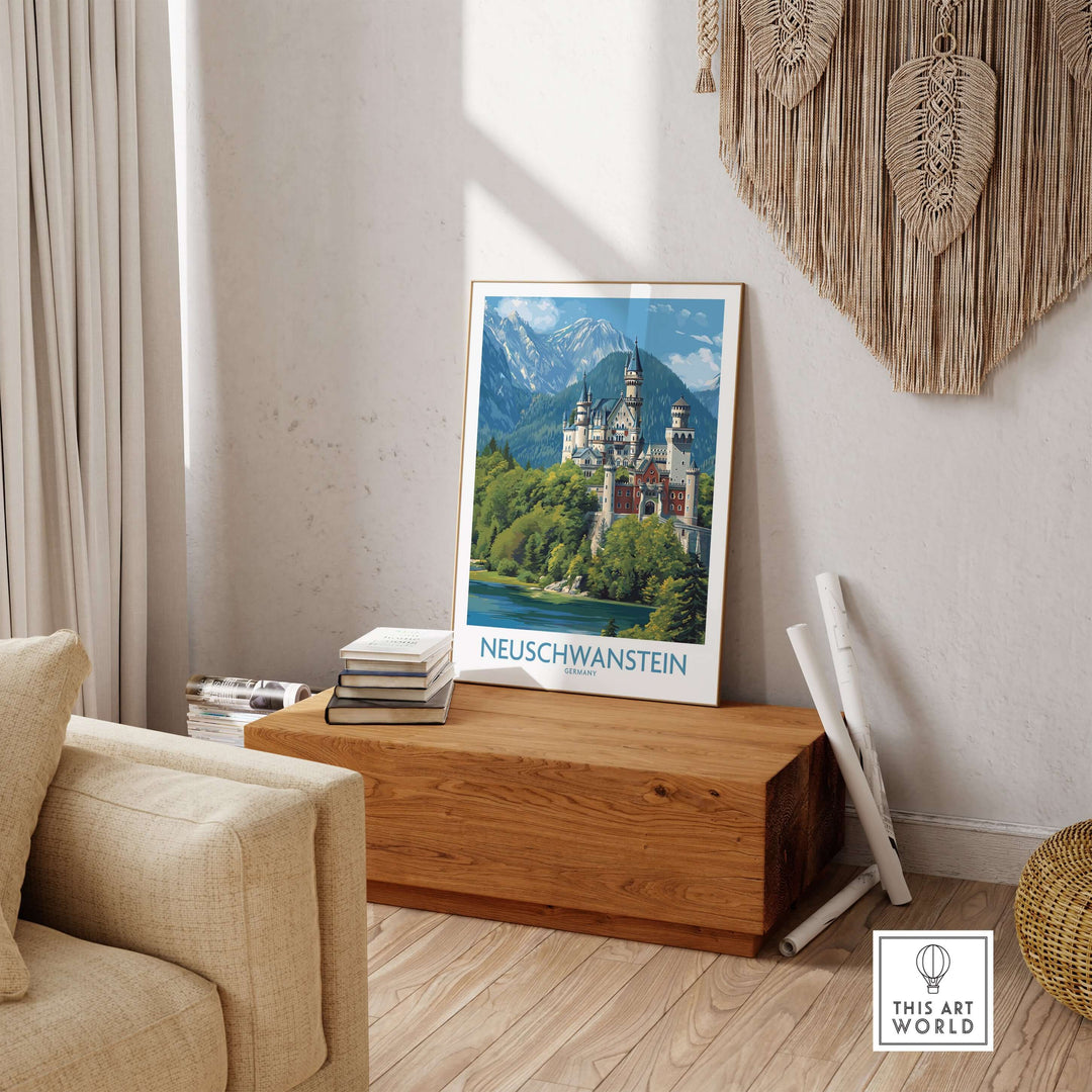 Neuschwanstein Germany Art Print displayed in a cozy living room setting with wooden decor and natural light.