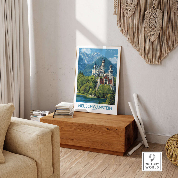 Neuschwanstein Germany Art Print displayed in a cozy living room setting with wooden decor and natural light.