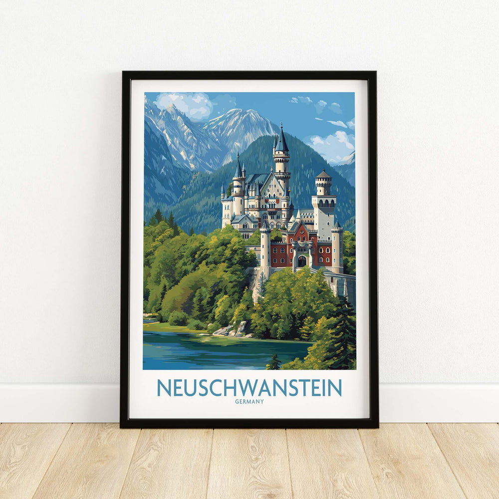 Neuschwanstein Germany Art Print showcasing the iconic castle surrounded by mountains and forest.