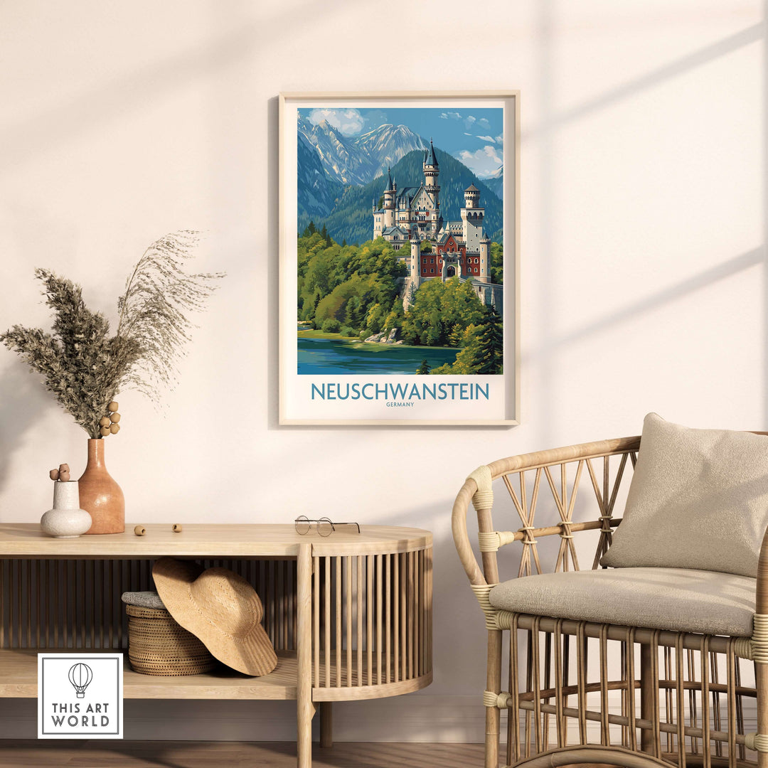 Neuschwanstein Germany Art Print displayed in a modern living room with natural decor and sunlight.
