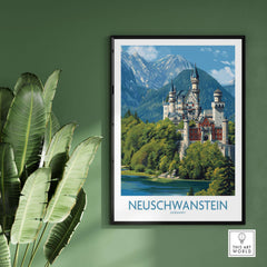 Neuschwanstein Germany Art Print featuring the castle against a vibrant green landscape and mountains.