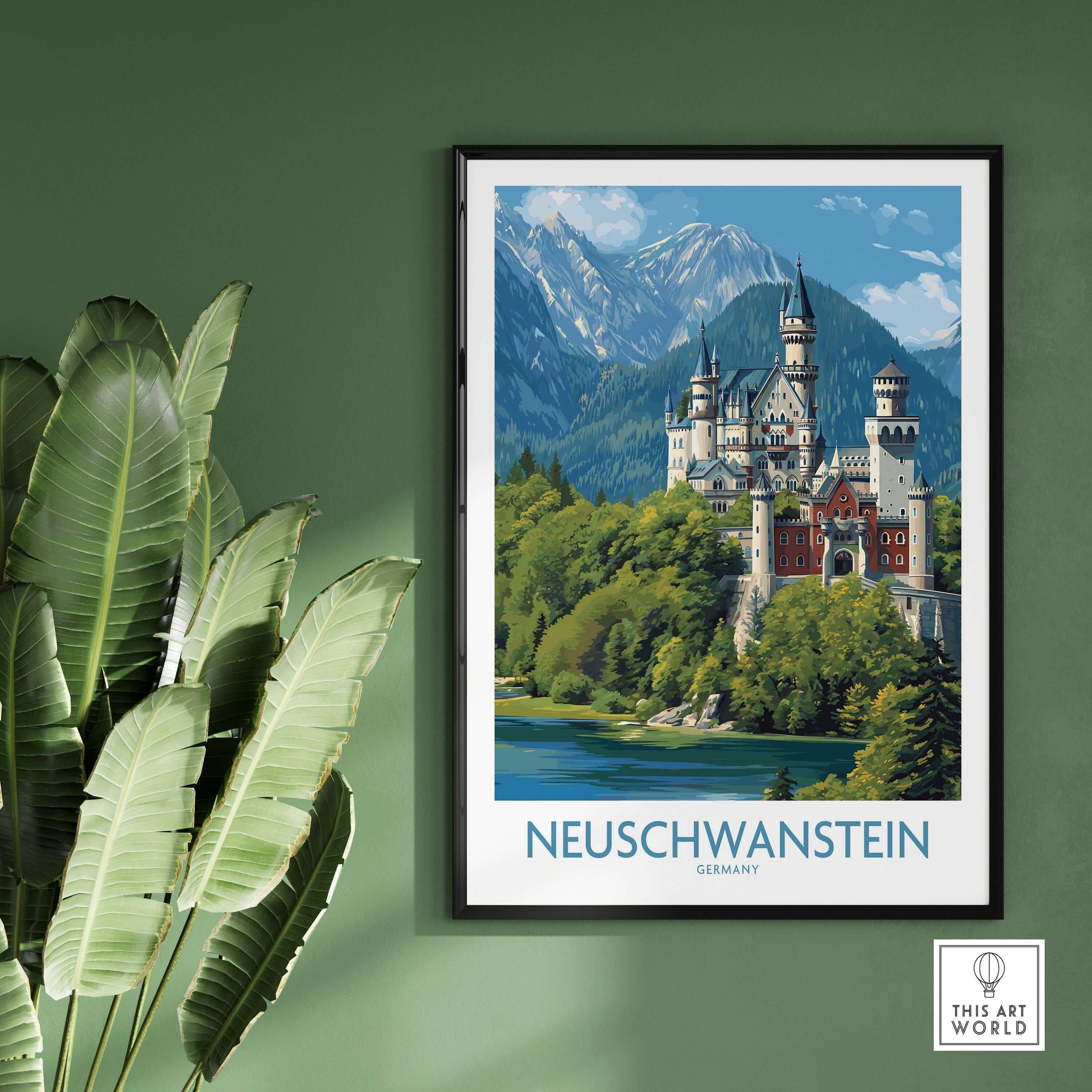 Neuschwanstein Germany Art Print featuring the castle against a vibrant green landscape and mountains.