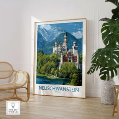 Neuschwanstein Germany Art Print showcasing the iconic castle surrounded by mountains and greenery in a stylish interior.