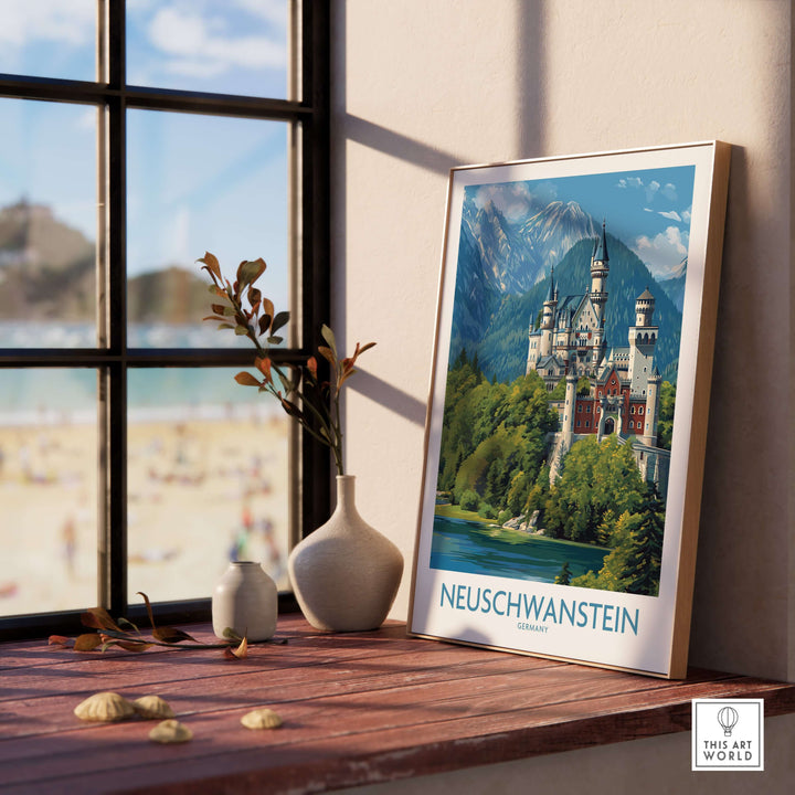 Neuschwanstein Germany Art Print displayed in a bright room with a scenic view, showcasing the iconic castle.