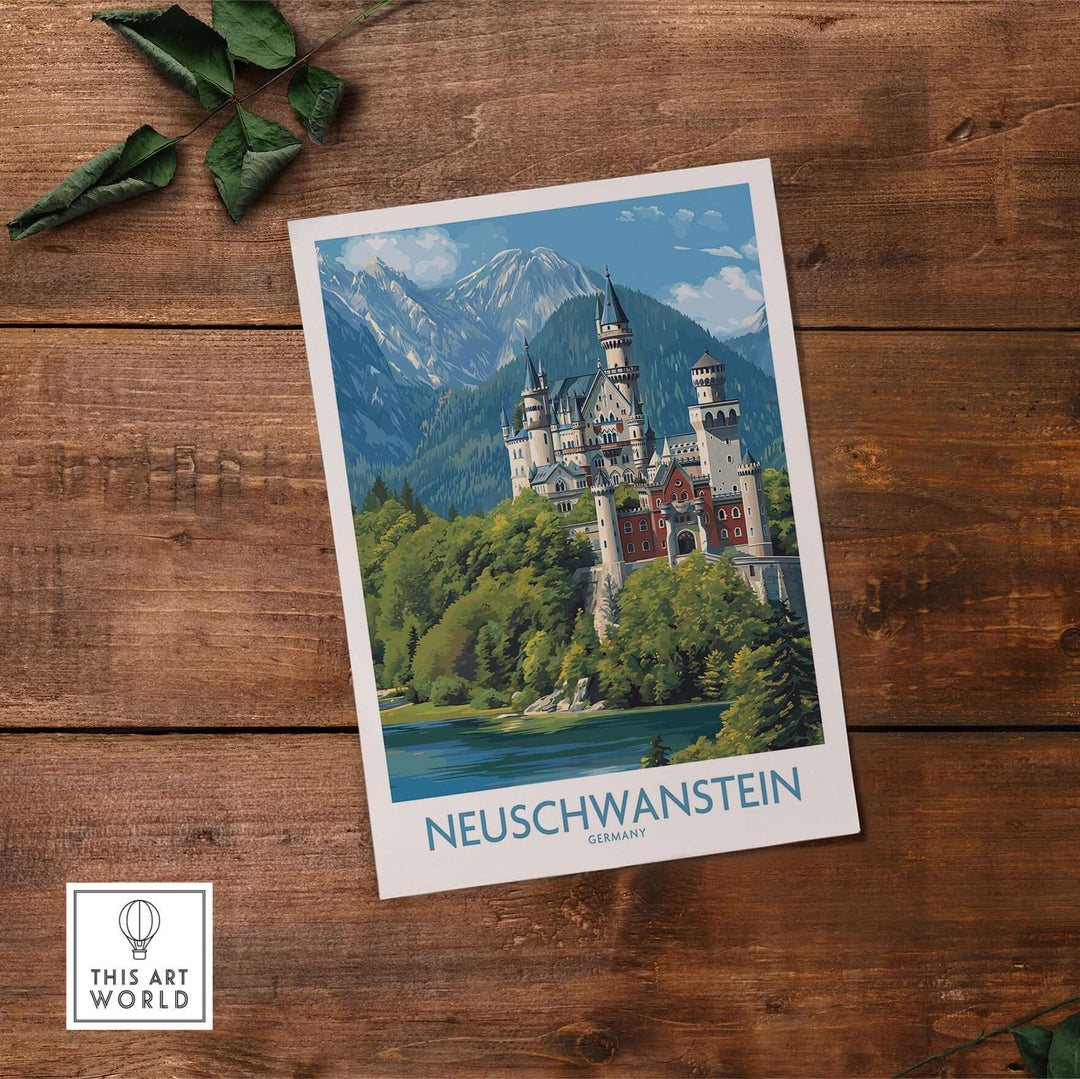 Neuschwanstein Germany Art Print showcasing the castle against a mountain backdrop on wooden surface.