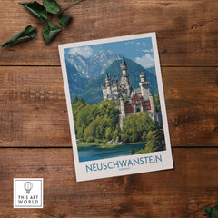 Neuschwanstein Germany Art Print featuring a stunning illustration of Neuschwanstein Castle surrounded by mountains and trees.