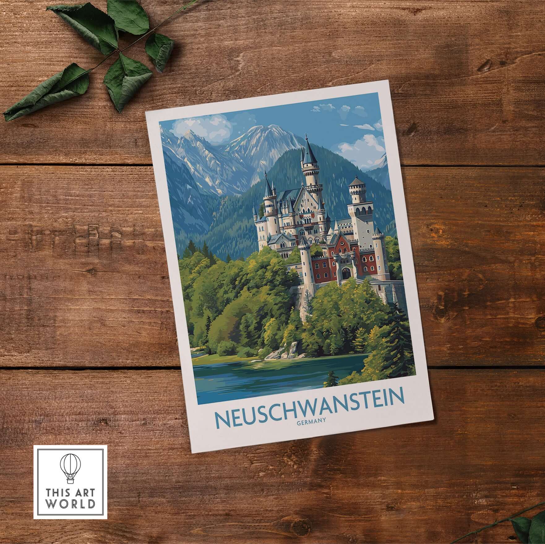 Neuschwanstein Germany Art Print featuring a stunning illustration of Neuschwanstein Castle surrounded by mountains and trees.