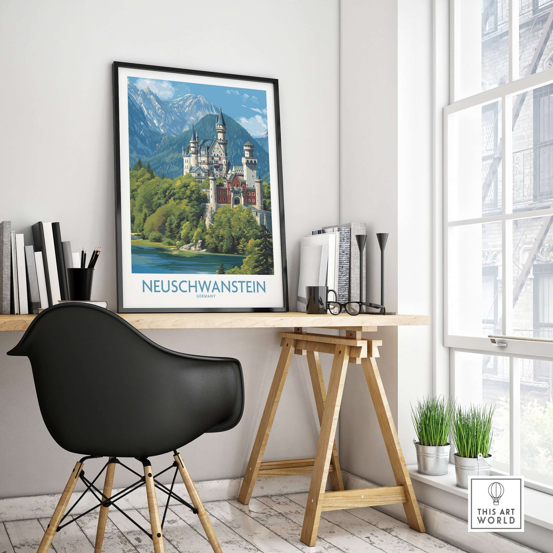 Neuschwanstein Germany Art Print showcased in a modern workspace, highlighting the castle's fairy-tale beauty.
