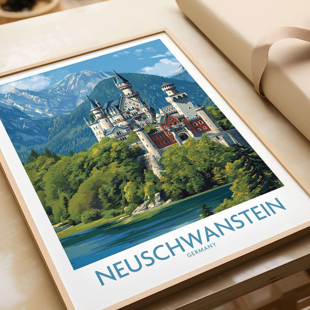 Neuschwanstein Germany Art Print showcasing the iconic castle and natural landscape in a framed artwork.