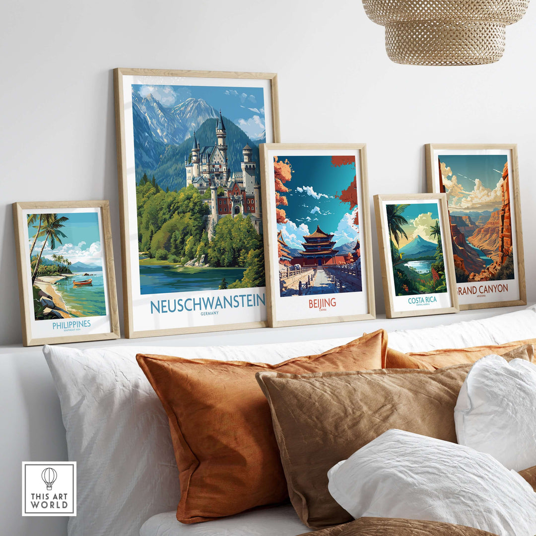 Neuschwanstein Germany Art Print displayed among travel-themed artwork in a cozy interior setting.