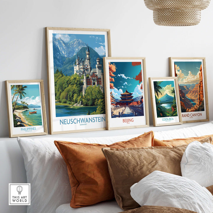 Neuschwanstein Germany Art Print displayed among travel-themed artwork in a cozy interior setting.