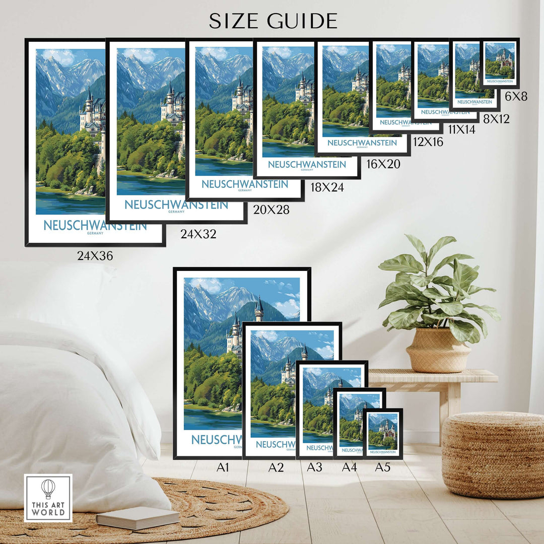 Neuschwanstein Germany Art Print size guide showcasing various frame options and dimensions for the artwork.