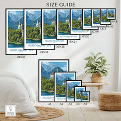 Neuschwanstein Germany Art Print size guide showcasing various dimensions and designs for art prints.