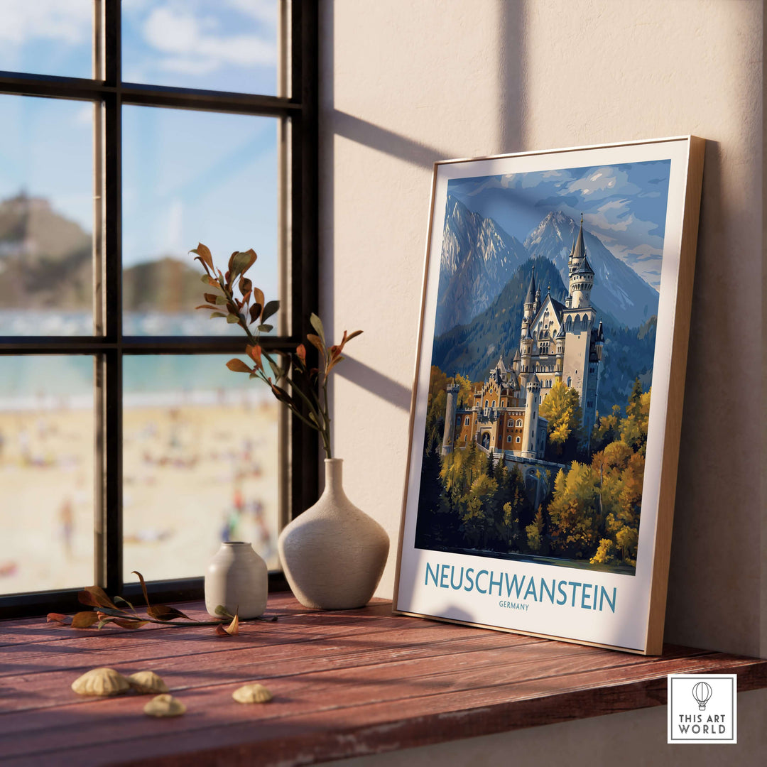 Neuschwanstein Germany Castle Art Print | Bavarian Alps Travel Poster displayed on a wooden table by a window.