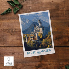 Neuschwanstein Germany Castle Art Print | Bavarian Alps Travel Poster showcasing the iconic castle against alpine scenery.