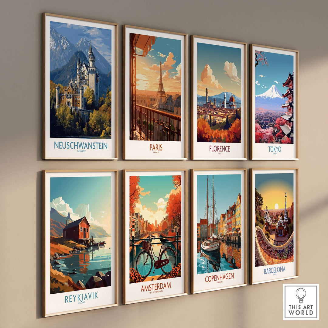 Neuschwanstein Germany Castle Art Print | Bavarian Alps Travel Poster collection of city art prints on a wall.