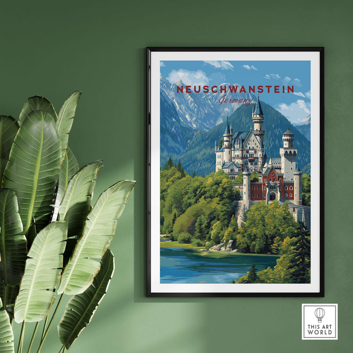 Neuschwanstein Poster - Bavarian Alps Castle View Print | Germany Wall Art featuring a picturesque castle in a charming landscape.