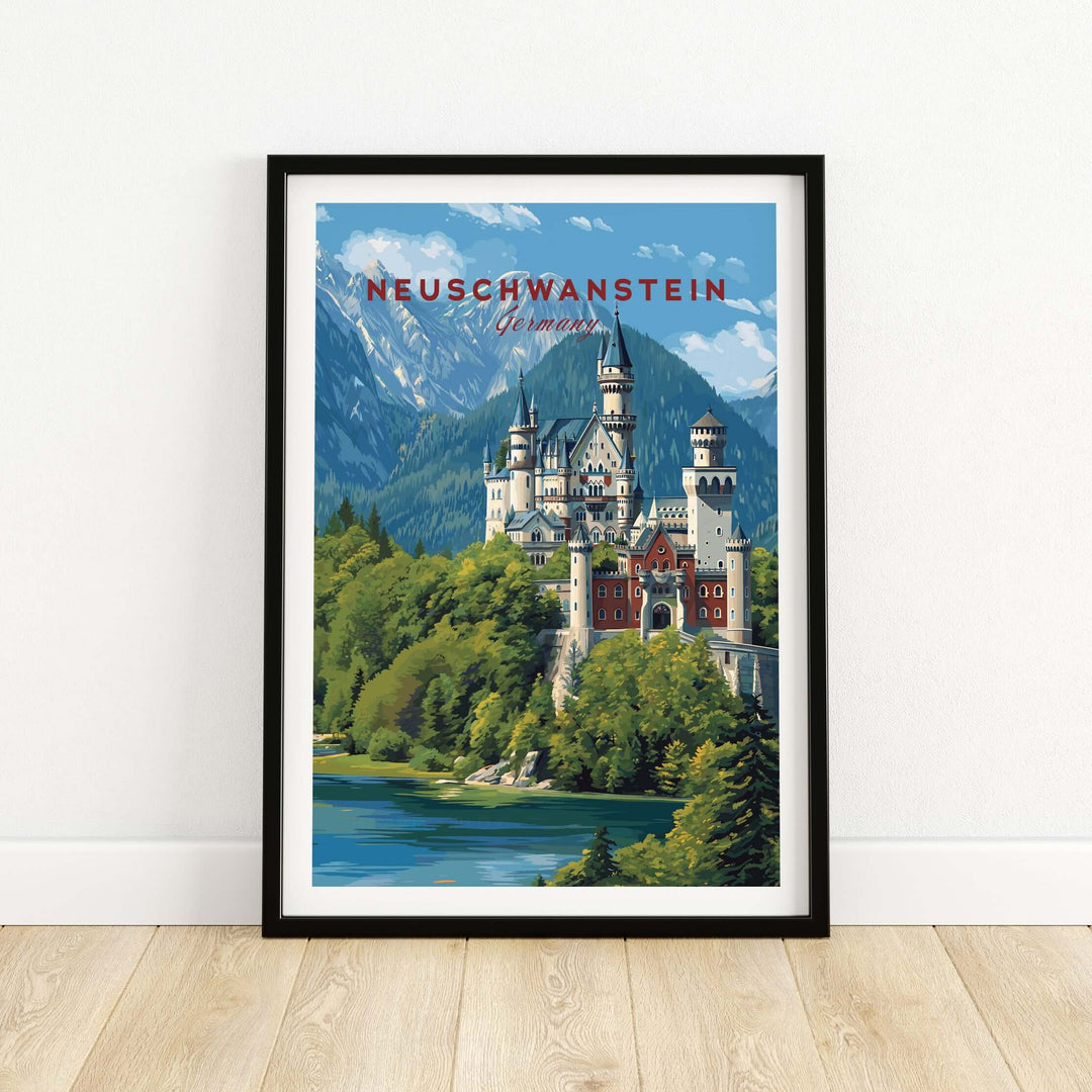 Neuschwanstein Poster - Bavarian Alps Castle View Print | Germany Wall Art featuring the iconic castle and stunning alpine backdrop.