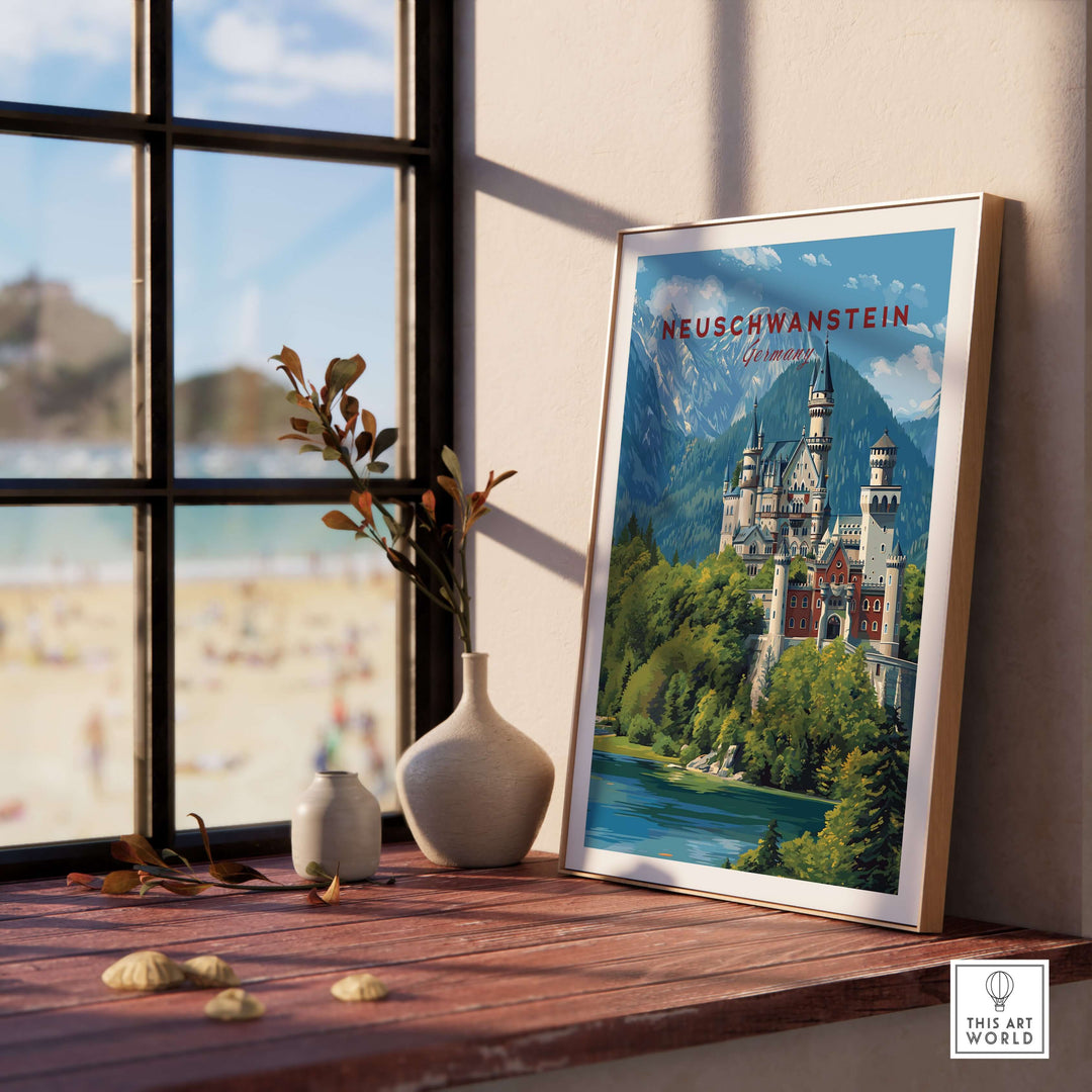 Neuschwanstein Poster - Bavarian Alps Castle View Print | Germany Wall Art displayed on a windowsill with scenic background.