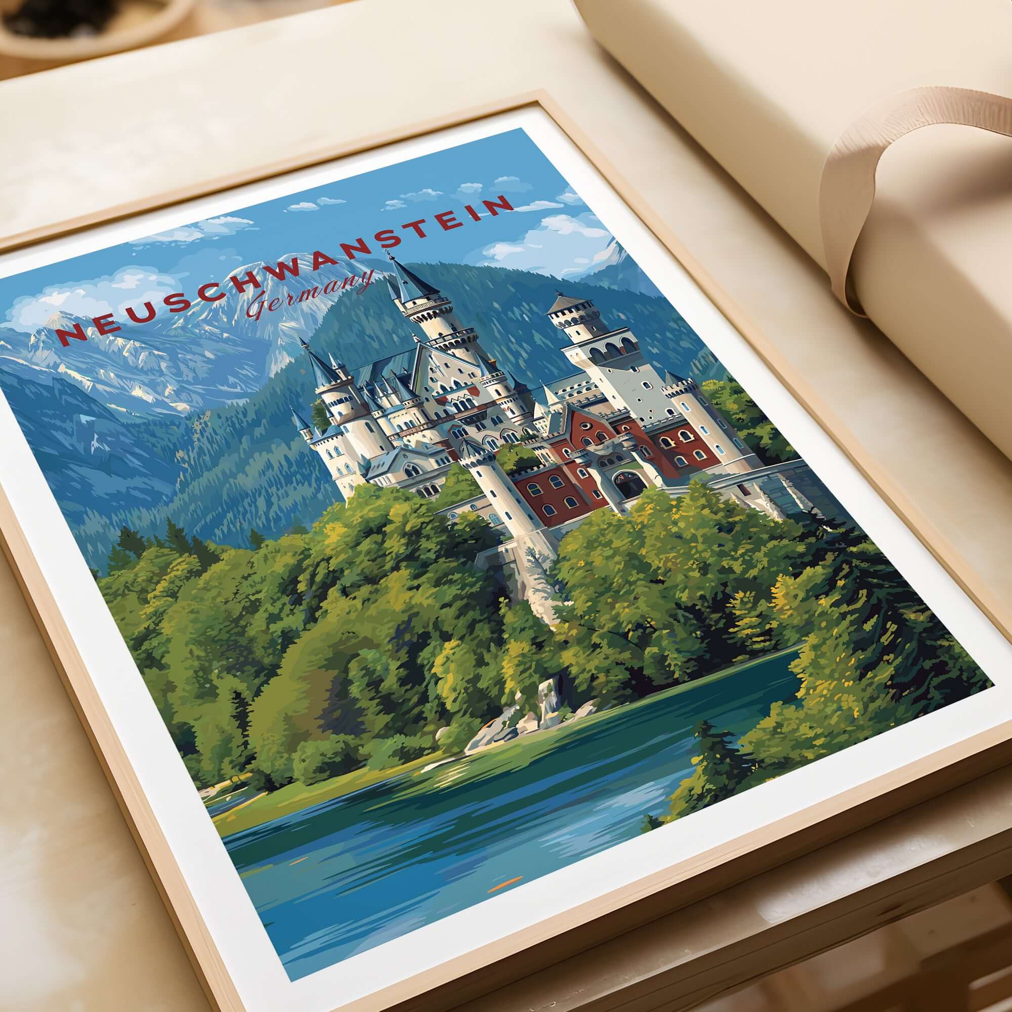 Neuschwanstein Poster - Bavarian Alps Castle View Print | Germany Wall Art showcasing a framed print of the iconic castle.