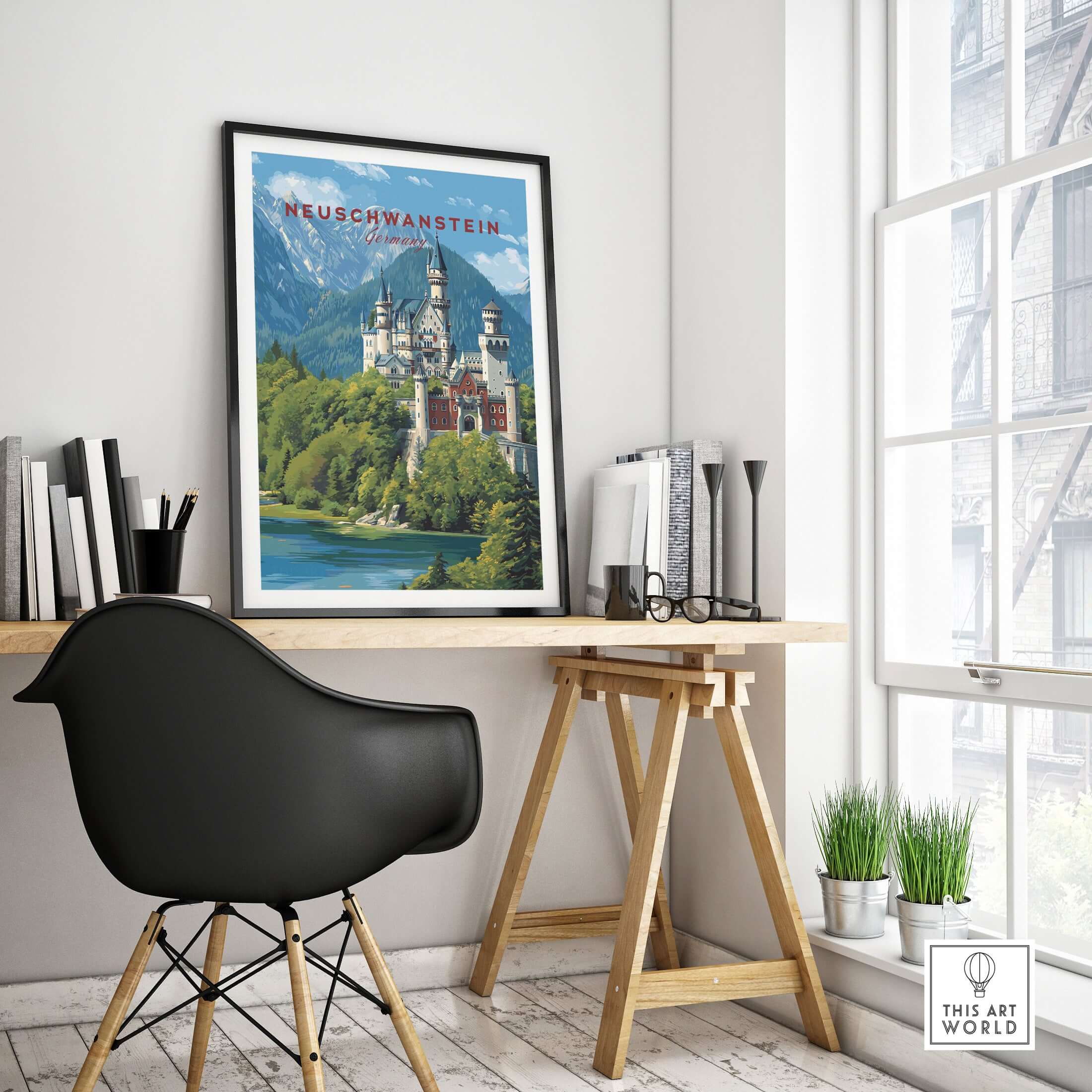 Neuschwanstein Poster - Bavarian Alps Castle View Print | Germany Wall Art displayed in a stylish interior office setting.