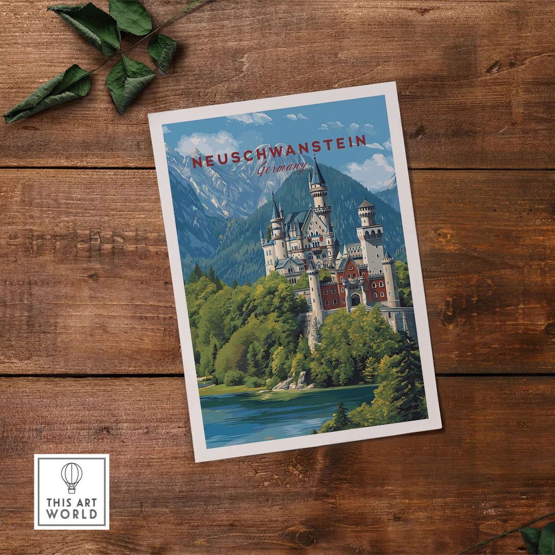 Neuschwanstein Poster - Bavarian Alps Castle View Print | Germany Wall Art featuring the iconic castle surrounded by mountains.