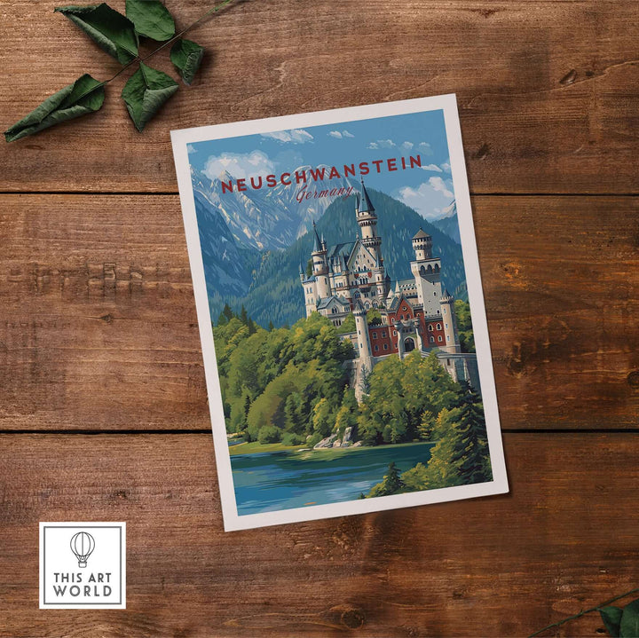 Neuschwanstein Poster - Bavarian Alps Castle View Print | Germany Wall Art featuring the iconic castle surrounded by mountains.