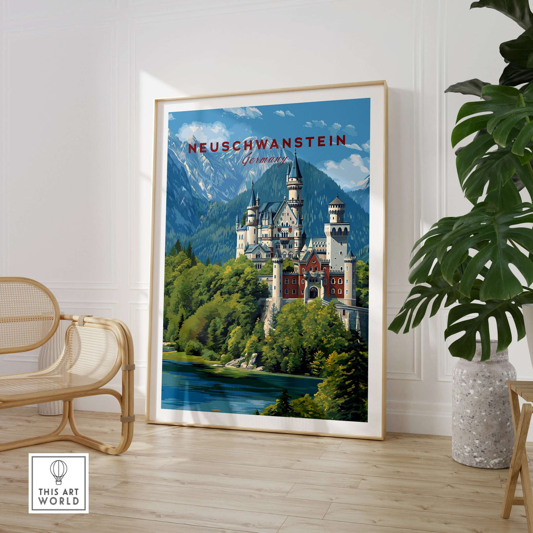 Neuschwanstein Poster - Bavarian Alps Castle View Print | Germany Wall Art displayed in a stylish interior setting.