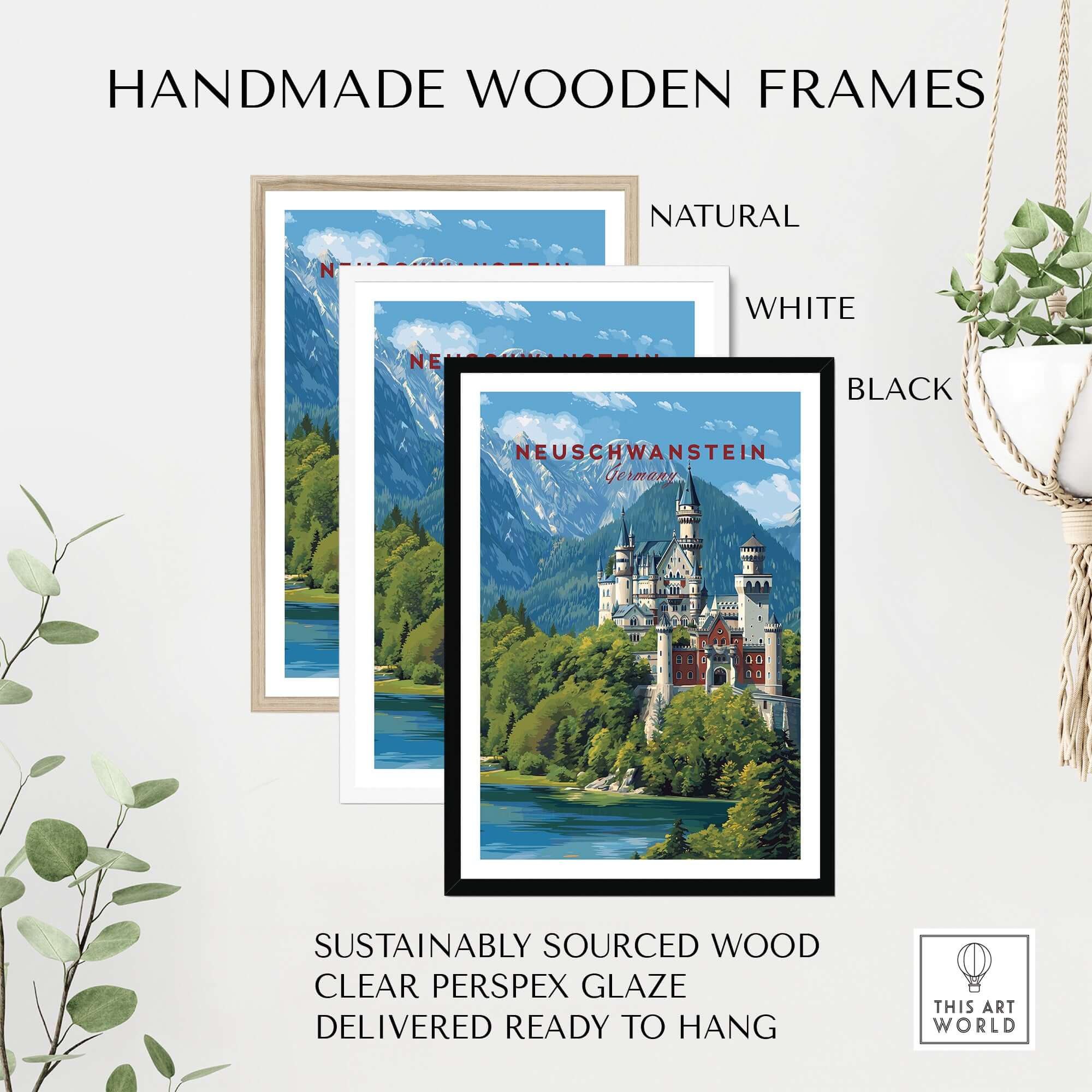 Neuschwanstein Poster - Bavarian Alps Castle View Print | Germany Wall Art framed in natural, white, and black wooden frames.