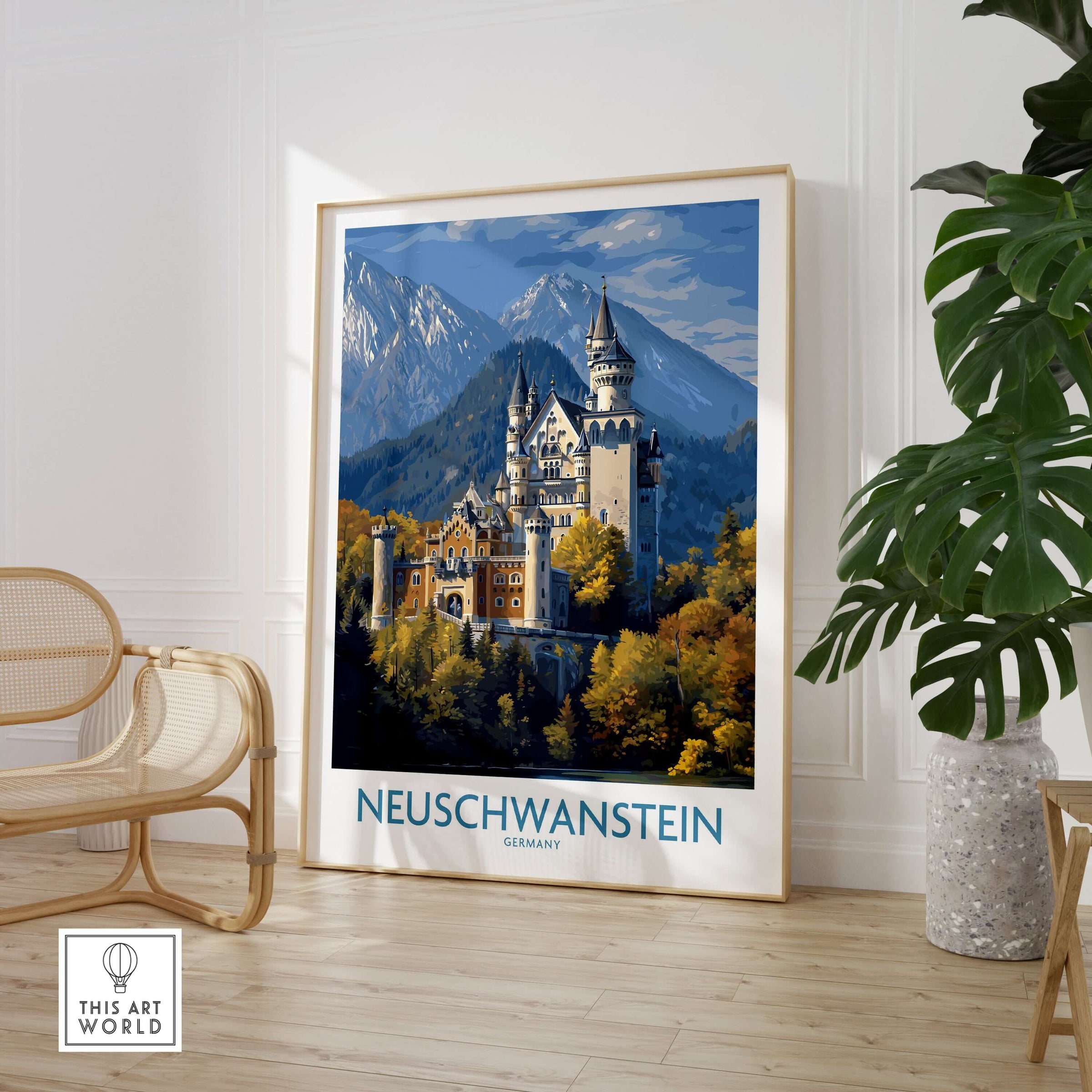 Neuschwanstein Germany Castle Art Print | Bavarian Alps Travel Poster featuring the iconic castle in a scenic setting.