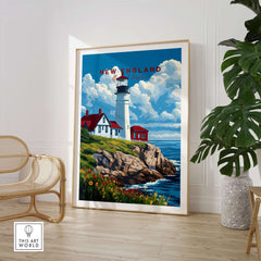 New England Art Print featuring a picturesque lighthouse and coastal scenery in a stylish interior setting.