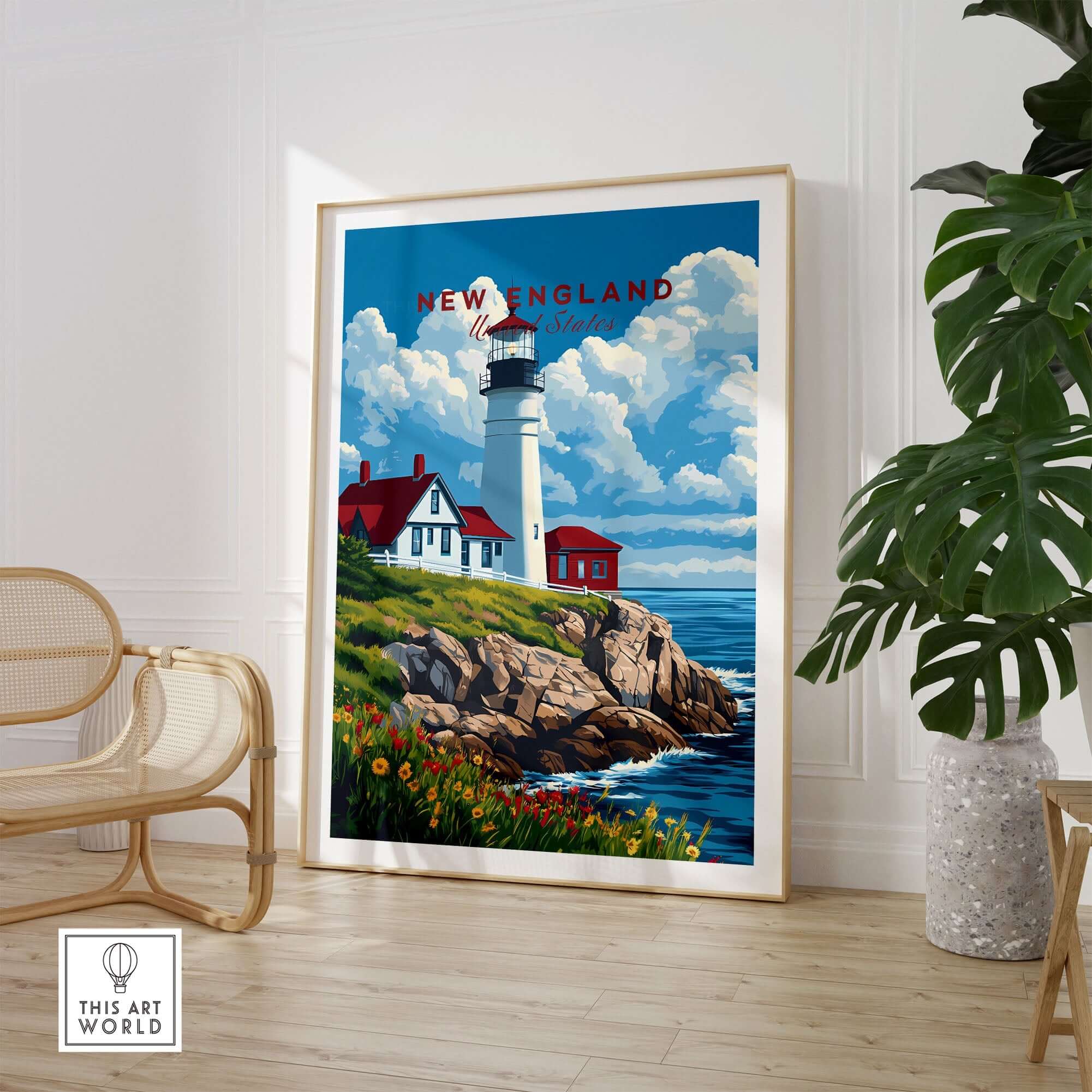 New England Art Print featuring a picturesque lighthouse and coastal scenery in a stylish interior setting.