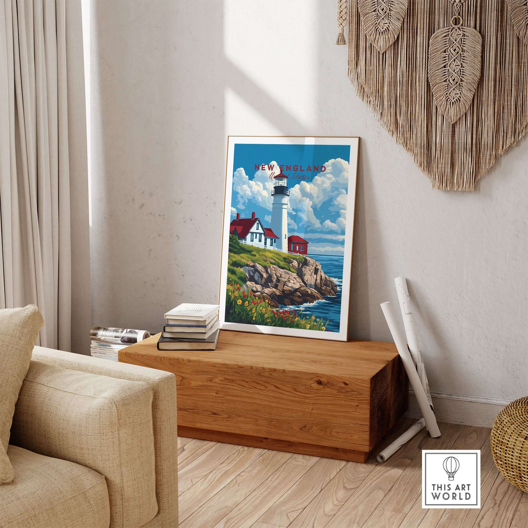 New England Art Print featuring a lighthouse in a cozy room setting, adding coastal charm to any space.