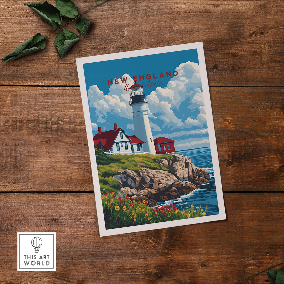 New England art print of charming lighthouse, perfect for adding coastal charm to home or office, capturing peaceful shores.