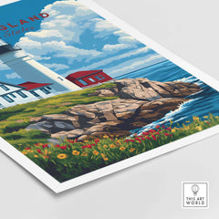 New England Art Print featuring a lighthouse with vibrant coastal scenery and flowers by the shore.