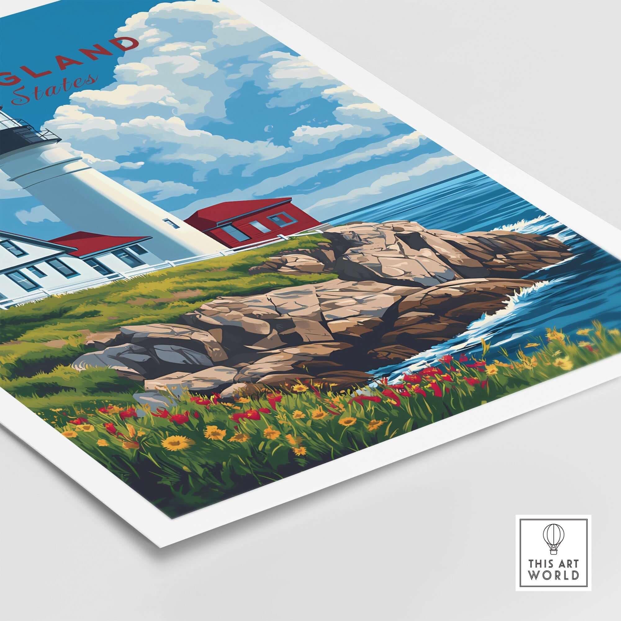 New England Art Print featuring a lighthouse with vibrant coastal scenery and flowers by the shore.