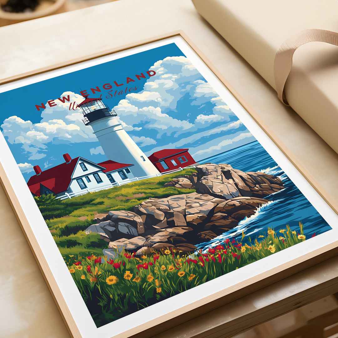 New England art print featuring a lighthouse and coastal scenery, perfect for adding charm to your home or office decor.