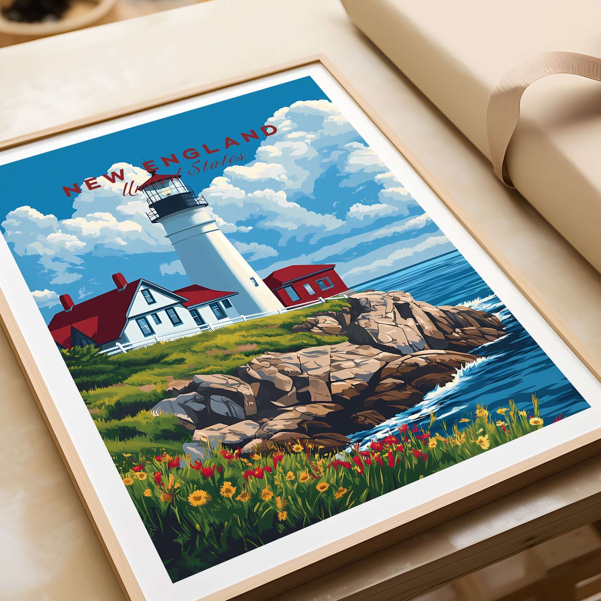 New England Art Print featuring a charming lighthouse and coastal scenery, perfect for home or office decor.