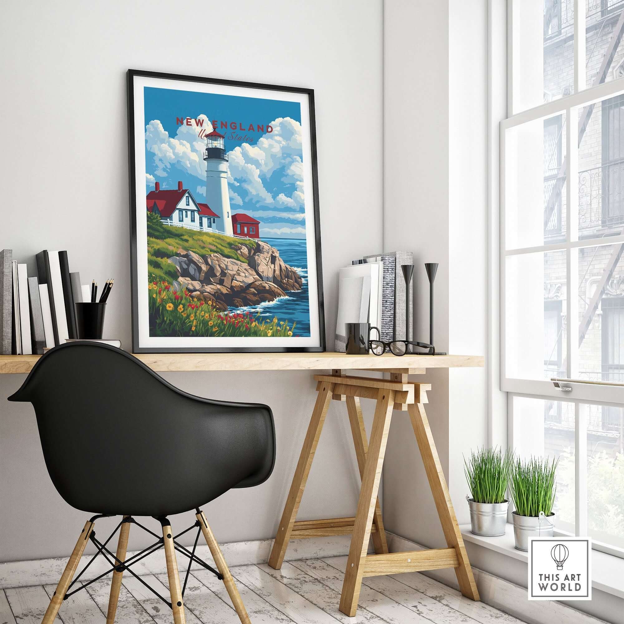 New England Art Print featuring a picturesque lighthouse in a stylish home office setting.