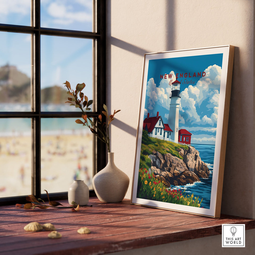 New England art print featuring a lighthouse by the coast, displayed on a sunlit windowsill with a beach view in the background.