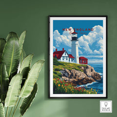 New England Art Print featuring a charming lighthouse on a rocky coast, adding coastal charm to your home decor.