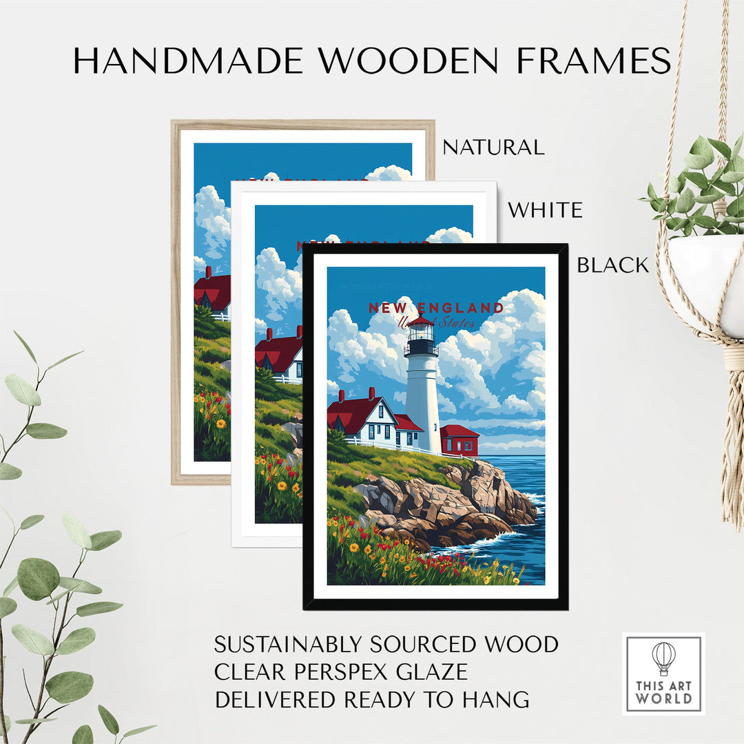 New England Art Print in handmade wooden frames, featuring a charming lighthouse, available in natural, white, and black.