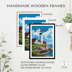 New England Art Print framed in handmade wooden frames in natural, white, and black finishes.