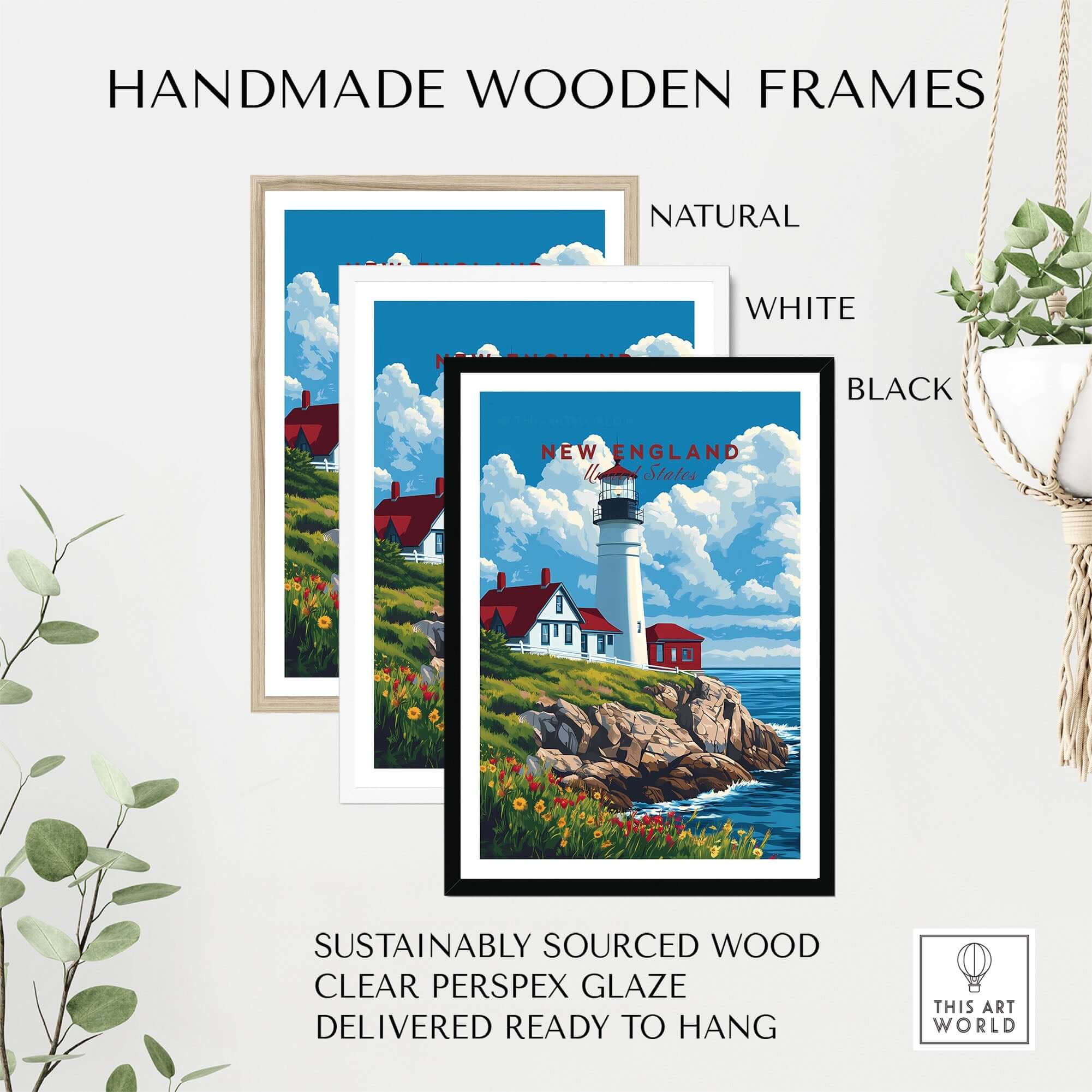 New England Art Print framed in handmade wooden frames in natural, white, and black finishes.