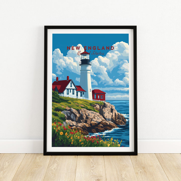 Charming New England lighthouse art print with coastal views, vibrant clouds, and scenic coastline. Perfect for art lovers and enthusiasts.