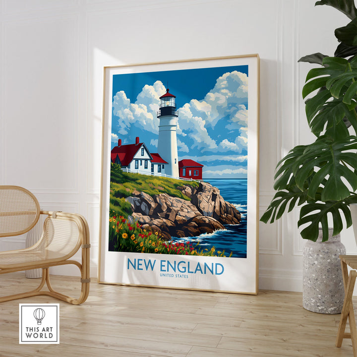 New England Poster with lighthouse and ocean view in modern living room setting, wall art print.