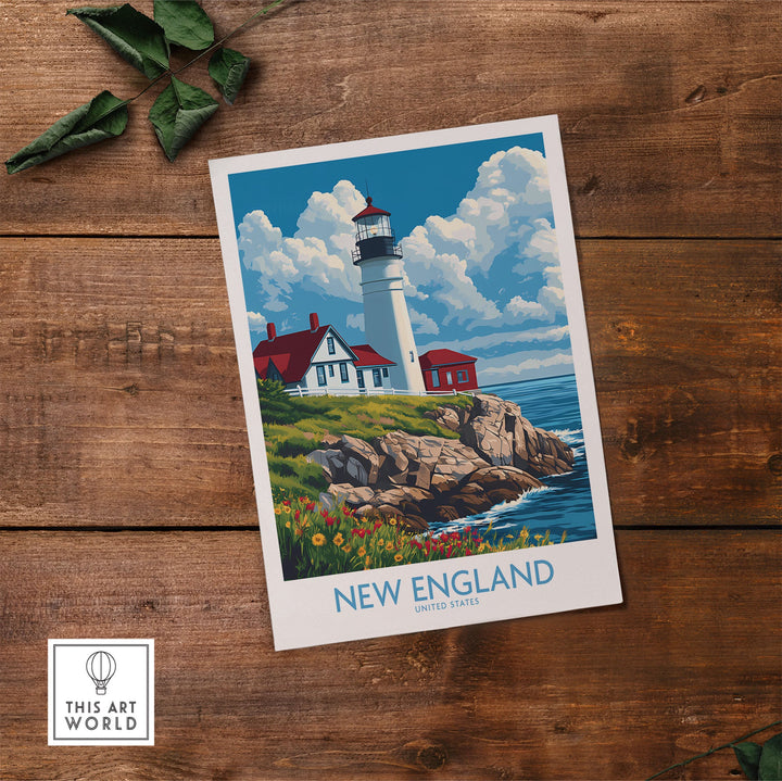 New England Poster featuring a picturesque lighthouse on a rocky coastline under a vivid blue sky with clouds, perfect wall art for home decor.