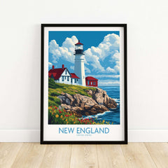 New England Poster featuring a vibrant lighthouse and scenic coastal view, perfect wall art for home decor.
